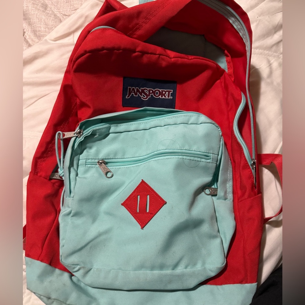 JanSport Red and Light Blue Backpack